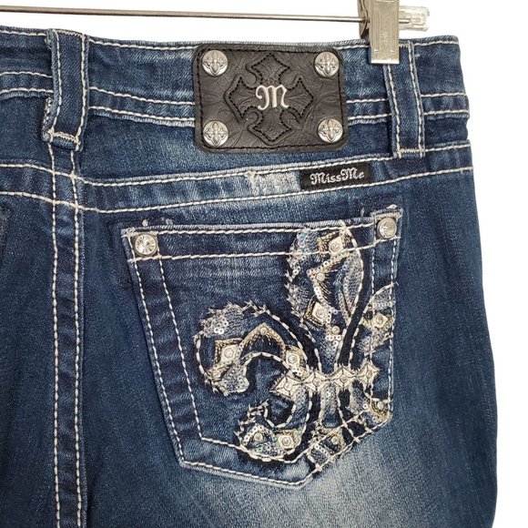 Miss Me Womens Size 30 Jeans Fleur De Lis Flower Embellished Stretch Boot 33x32 - Picture 14 of 15